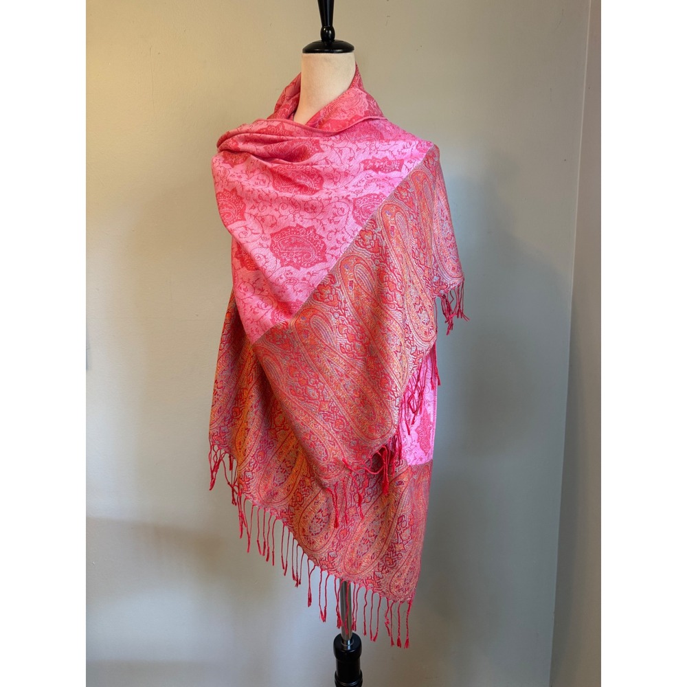 Pink Paisley Pashmina Shawl Scarf Fringed Wrap cover boho whimsigoth dainty ret